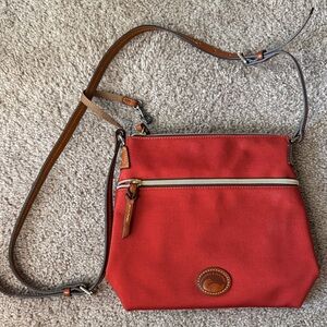 Dooney & Bourke Red Canvas Crossbody with Brown Leather Trim and Gold Hardware